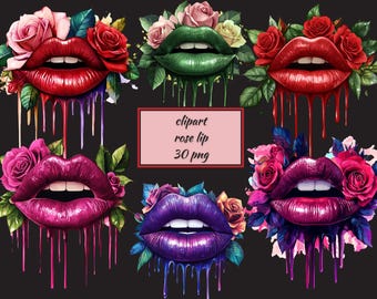 Pacote de clipart de lábios pingando flores: designs de batom PNG (download instantâneo)