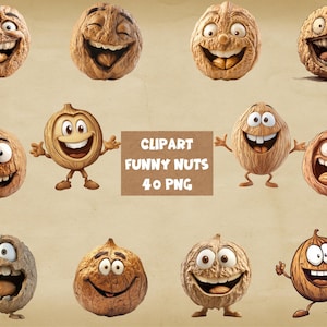 Clipart de nozes engraçadas | Nozes fofas 40 PNG | Decoração de nozes com impressão digital | Fundo transparente | Download instantâneo de alta qualidade Uso comercial
