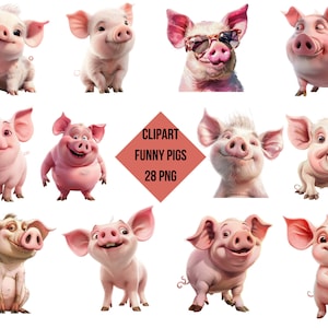Adorable paquete de imágenes prediseñadas de cerdo / lindos cerdos divertidos PNG / arte digital imprimible / fondo transparente / alta calidad / descarga instantánea