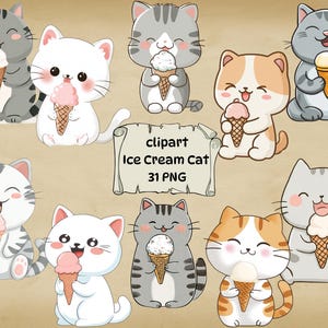 Set di clipart di gatti con gelato, simpatici gatti kawaii in formato PNG, dessert estivo digitale, download immediato. Uso commerciale, sfondo trasparente.