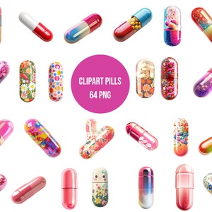 May include: A collection of colourful pills with various patterns, including floral, polka dot, and abstract designs. The pills are arranged in a grid pattern on a white background. CLIPART PILLS 64 PNG.