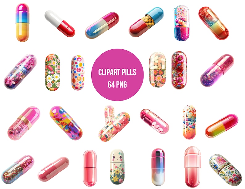 May include: A collection of colourful pills with various patterns, including floral, polka dot, and abstract designs. The pills are arranged in a grid pattern on a white background. CLIPART PILLS 64 PNG.