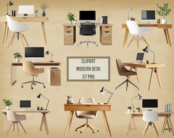 Modern Desk Clipart Bundle: Home Office Illustration Set (PNG, Instant Download)
