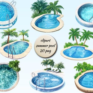 Summer Pool Clipart, Tropical Swimming Pools PNG, Resort Pool Clipart,Transparent Background, Instant Download, Commercial Use, 20 PNG