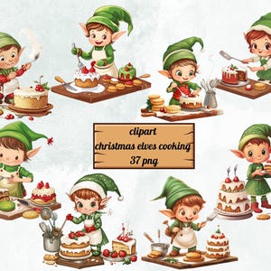 May include: Clipart image of Christmas elves baking cakes and pastries. The elves are wearing green hats and aprons. The cakes are decorated with red and white frosting and strawberries. The image is titled "clipart christmas elves cooking 37 png".