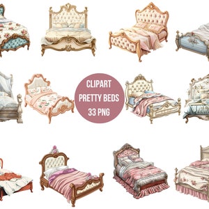 Elegant Beds Clipart Set - 33 PNG Illustrations for Design and Decoration Projects, Digital Print, Transparent Background, Instant Download