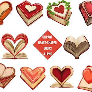 Clipart Herzförmige Bücher | Buch-Liebhaber-Designs | Digitales Unikatbuch |  Transparenter Hintergrund | Hohe Qualität | Sofortdownload