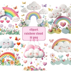 Cute Rainbow Cloud Clipart Bundle, Cloud & Rainbow PNG, Kids Room Decor Clipart Set, Commercial Use Instant Download, Transparent Background