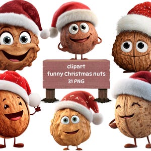 May include: A collection of cartoon walnuts wearing Santa hats. The walnuts have smiling faces and are in various poses. A wooden sign reads "clipart funny Christmas nuts 31 PNG".