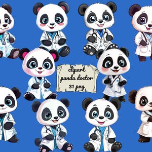 Imágenes prediseñadas de un lindo panda médico, paquete de pandas médicos PNG, conjunto de pandas médicos digitales, fondo transparente, descarga instantánea para uso comercial