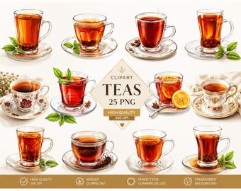Tea Cup Clipart Bundle – 25 Hot Tea PNG Illustrations (Commercial Use, Digital Download)