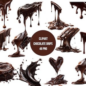 48 Realistic Chocolate Drips Clipart, Melting Chocolate PNG Bundle, Instant Download, Transparent Background, Commercial Use