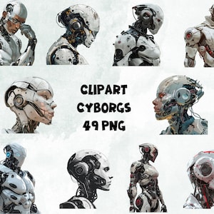 May include: A digital clipart set of 49 cyborgs in various poses. The cyborgs are white, grey, and black with red and blue accents. The cyborgs have different facial expressions and body types. The clipart is perfect for creating digital art, illustrations, and designs.