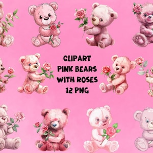 Clipart süße Bären Rosen | Rosa Bären PNG | Niedliche Bären mit Rosen | Transparenter Hintergrund | Hochwertiger Sofortdownload