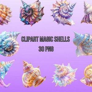 May include: A set of 30 digital images of iridescent seashells in various shapes and sizes. The shells are a mix of pink, blue, purple, and gold colors.  The images are perfect for crafting, scrapbooking, and other creative projects. CLIPART MAGIC SHELLS 30 PNG