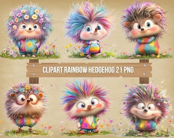 May include: A collection of six cartoon hedgehogs with colorful fur and clothing. The hedgehogs are depicted in a grassy setting with flowers. The image includes the text "CLIPART RAINBOW HEDGEHOG 21 PNG" on a wooden sign.