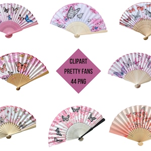 Butterfly Fan Clipart Bundle | Pretty Hand Fans PNG | Oriental Folding Fan Clipart | Transparent Background  Instant Download Commercial Use