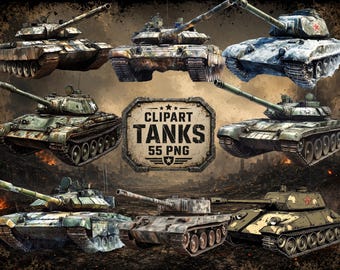 May include: A collection of military tank illustrations featuring various camouflage patterns and designs. A central emblem displays the text CLIPART TANKS 55 PNG with star and stripe accents. The tanks are depicted in different angles and weathered finishes.