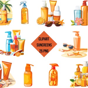 Op de afbeelding: Een verzameling van 25 cartoonillustraties van zonnebrandcrèmeflessen, -tubes en -sprays. De illustraties tonen verschillende kleuren, waaronder blauw, geel, oranje en wit. De illustraties zijn perfect voor gebruik in digitale of gedrukte ontwerpen met betrekking tot zomer, strand en zonbescherming.