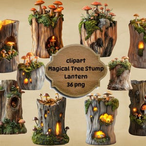 Magical Tree Stump Lantern Clipart, Fantasy Mushroom Log PNG, Digital Forest Decor, Instant Download Commercial Use, Transparent Background