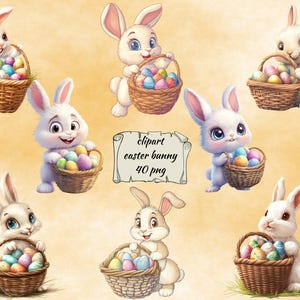 Easter Bunny Clipart Bundle, 40 PNG, Cute Rabbits with Eggs, Transparent Background, Instant Download Commercial Use
