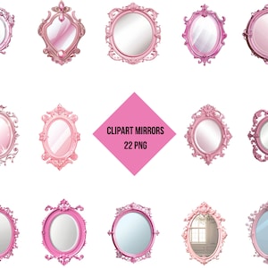 以下が含まれることがあります： 22個のピンクの装飾的な鏡のクリップアート画像のセット。鏡はさまざまな形とサイズで、複雑なディテールとヴィンテージの美学があります。