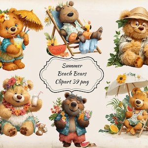 Summer Beach Bear Clipart PNG Bundle, Tropical Vacation Bears with Transparent Background – Instant Download – Commercial Use