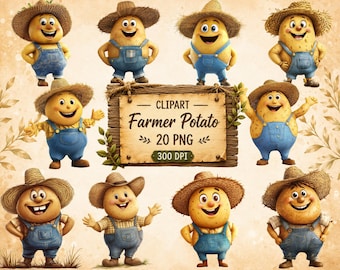 May include: A collection of ten cartoon potato characters wearing straw hats and blue denim overalls, arranged around a central wooden sign that reads CLIPART Farmer Potato 20 PNG 300 DPI, set against a light tan background with leaf illustrations.