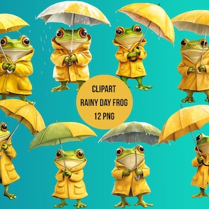 Rainy Day Frog Clipart Bundle, Cute Frogs with Umbrella PNG, Spring Rain Animal Set, Transparent Background, Instant Download Commercial Use