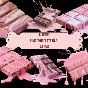 Op de afbeelding: Een verzameling roze chocoladerepen met verschillende ontwerpen, waaronder enkele met witte wervelingen en andere met roze vloeistof die eroverheen wordt gegoten. De afbeelding bevat de tekst "CLPART PINK CHOCOLATE BAR 44 PNG".