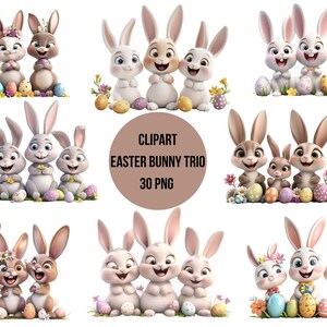 Easter Bunny Trio Clipart, Cute Rabbit Family PNG Bundle, Digital Spring Bunny, Transparent Background Commercial Use, Instant Download