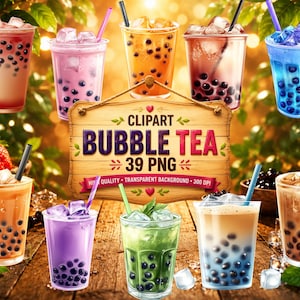 Può includere: Una collezione di illustrazioni digitali che mostrano varie bevande bubble tea in bicchieri di plastica trasparente con cannucce, cubetti di ghiaccio e perle di tapioca. Un cartello centrale in legno mostra il testo CLIPART BUBBLE TEA 39 PNG HIGH QUALITY TRANSPARENT BACKGROUND 300 DPI.