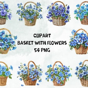 May include: A set of 10 digital clipart images featuring watercolour illustrations of blue flowers in woven baskets. The images are perfect for crafting, scrapbooking, and digital design projects.