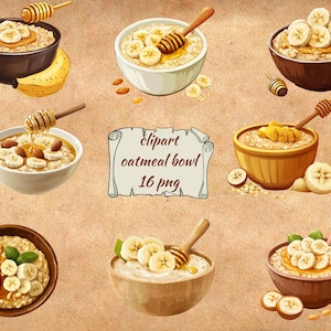 Oatmeal Bowl Clipart, Healthy Breakfast PNG, Honey Banana Porridge Illustration, Transparent Background, Instant Download Commercial Use