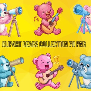 Clipart de osos lindos con guitarras / Osos lindos con telescopios / Fondo transparente / Descarga instantánea de alta calidad