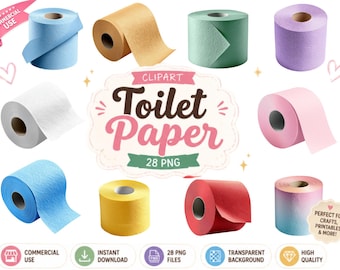 May include: A digital collection of 28 toilet paper roll clipart images in various colors including blue, tan, green, purple, white, pink, yellow, and red, with text that reads CLIPART Toilet Paper 28 PNG and other icons for commercial use.