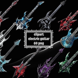 Clipart elektrische gitaar, 60 gitaar PNG-bundel, metalen gitaar PNG, rockgitaar Clipart, transparante achtergrond Instant Download commercieel gebruik