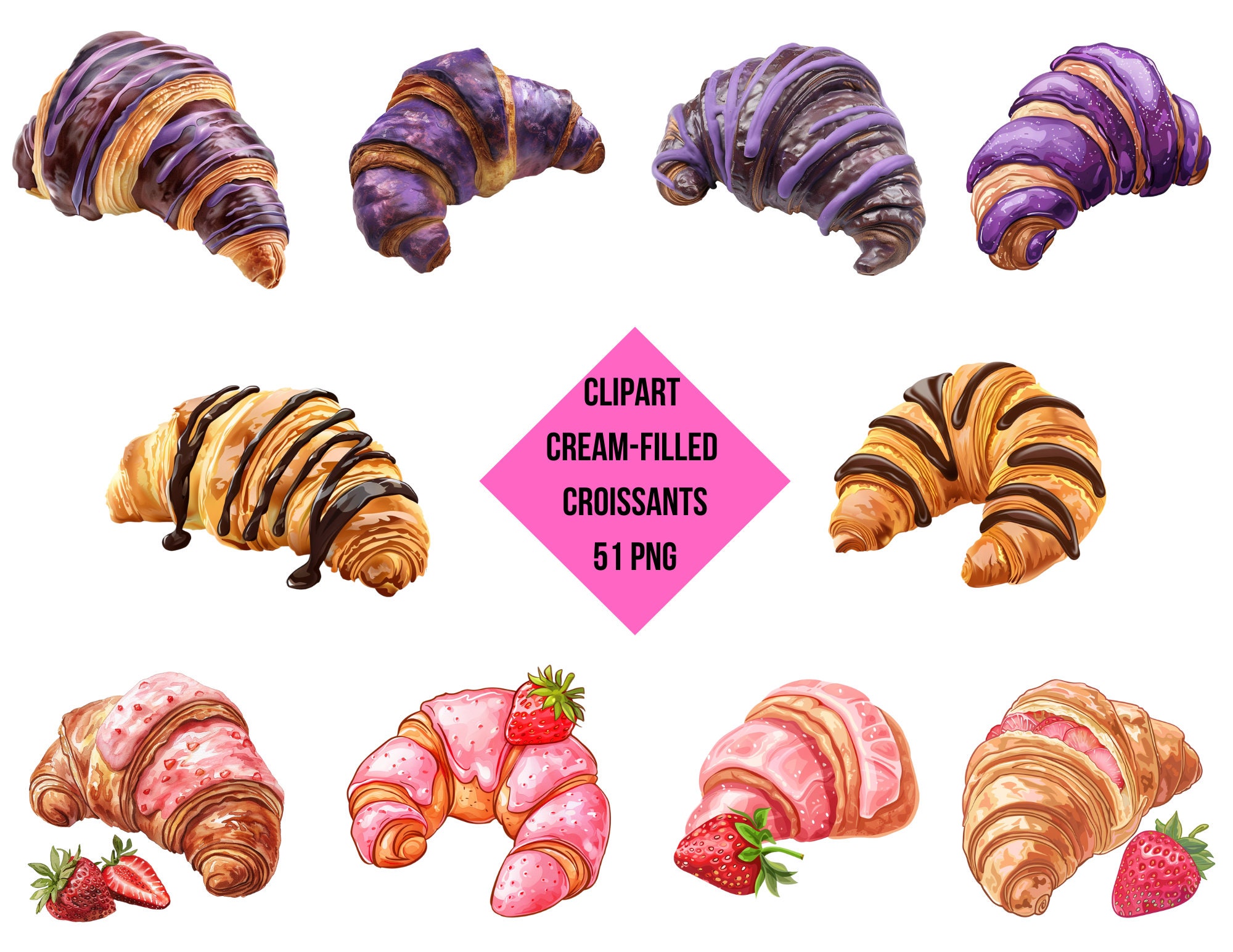 Clipart Cream-Filled Croissants Set | Delicious Decor | Cream-Filles Collection | Transparent Background | High Quality Instant Download