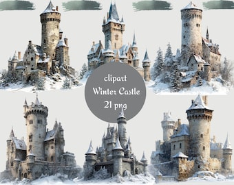 May include: A collection of six illustrations of winter castles. The castles are depicted in a watercolor style, with snow-covered roofs and surrounding landscapes. The text "clipart Winter Castle 21 png" is in a gray circle.