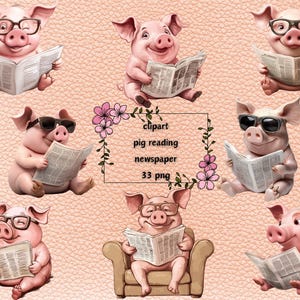 Zeitung lesen Clipart | 33 süß und lustig PNG | Digitales entzückendes Schwein | Transparenter Hintergrund | Sofortdownload | Kommerzielle Nutzung