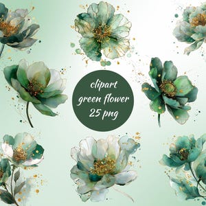 Green Flowers Clipart Bundle, Watercolor Floral Art, Botanical PNG Bundle, Transparent Background, Instant Download, Commercial Use