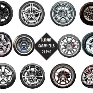 Könnte beinhalten: Ein Satz von 21 Clipart-Bildern verschiedener Autofelgen. Die Felgen sind in verschiedenen Stilen und Farben, darunter Schwarz, Silber und Braun. Die Felgen sind alle in einem realistischen Stil gehalten und wären perfekt für die Verwendung in Designprojekten.