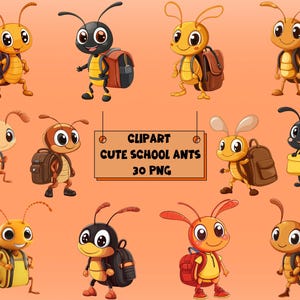 Cute School Ants With Backpacks | School Decor PNG | Digital Print Adorable Ants | Transparent Background | High Quality Instant Download