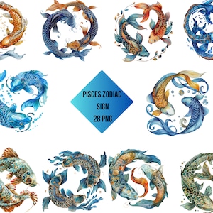 Clipart Pisces Zodiac Bundle, Digital Print Pisces Zodiac, Horoscope PNG, Transparent Background, Instant Download Commercial Use