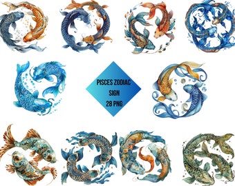 May include: Watercolor illustrations of koi fish in various colors, arranged in circular patterns. The fish are depicted in shades of blue, orange, and gold, with intricate details. The image includes text that reads "PISCES ZODIAC SIGN 28 PNG".