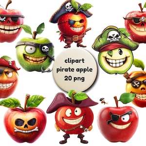 Pirate Apple Clipart Bundle, Funny Fruit Faces PNG, Digital Food Character, Transparent Background, Instant Download, Commercial Use