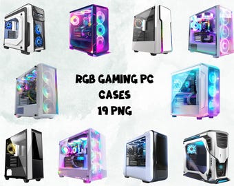 RGB Gaming PC Case Clipart | Gamer Room Decor (Commercial Use, Instant Download, 19 PNG)