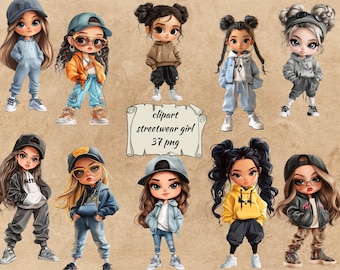 May include: Digital clipart of ten cartoon girls wearing streetwear clothing. The girls are wearing a variety of outfits, including hoodies, jackets, jeans, and sneakers. The clipart is perfect for use in digital projects, such as social media posts, websites, and presentations.