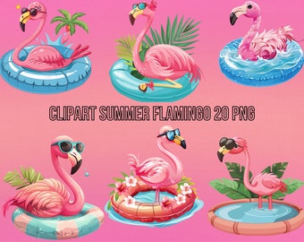 Summer Flamingo Clipart Bundle, Beach PNG Graphics  (Instant Download, Commercial Use, 20 PNG)