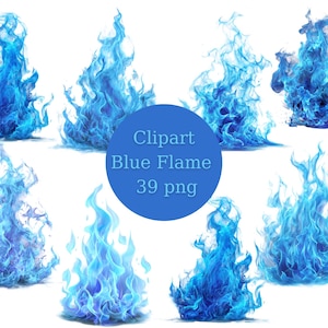 Puede incluir: Una colección de ocho imágenes prediseñadas de llamas azules. Las llamas varían en forma y tamaño, con un color azul brillante y vibrante. Un círculo azul en el centro contiene el texto "Clipart Blue Flame 39 png."